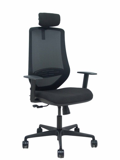 Modelo Mardos - Silla de oficina ergonómica con mecanismo sincro, brazos regulables y ajustable en altura - Respaldo de malla transpirable en color negro y asiento tapizados en tejido BALI color negro. Cabecero regulabe 2D, tapizado.