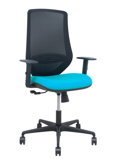 Modelo Mardos - Silla de oficina ergonómica con mecanismo sincro, brazos regulables y ajustable en altura - Respaldo de malla transpirable en color negro y asiento tapizados en tejido BALI color turquesa.