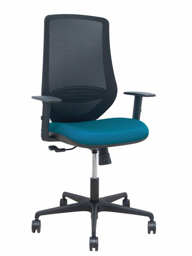 Modelo Mardos - Silla de oficina ergonómica con mecanismo sincro, brazos regulables y ajustable en altura - Respaldo de malla transpirable en color negro y asiento tapizados en tejido BALI color verde petróleo.