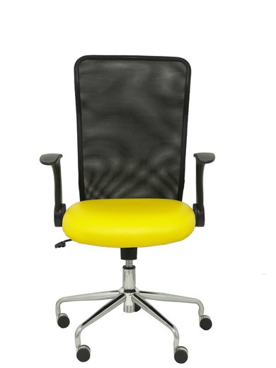 Modelo Minaya - Silla de oficina ergonómica con mecanismo basculante, brazos retráctiles y regulable en altura - Respaldo de malla transpirable y asiento tapizado en similpiel color amarillo.