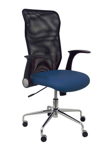 Modelo Minaya - Silla de oficina ergonómica con mecanismo basculante, brazos retráctiles y regulable en altura - Respaldo de malla transpirable y asiento tapizado en similpiel color azul marino