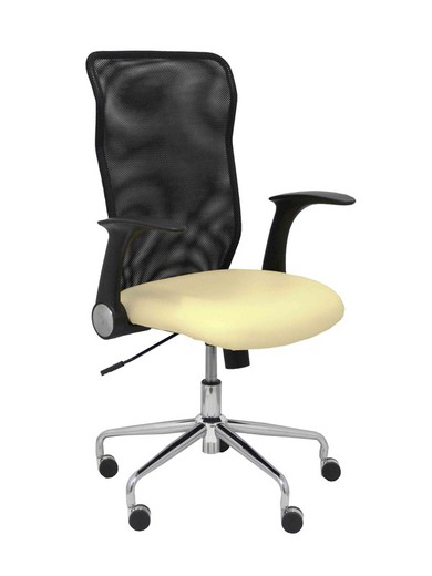 Modelo Minaya - Silla de oficina ergonómica con mecanismo basculante, brazos retráctiles y regulable en altura - Respaldo de malla transpirable y asiento tapizado en similpiel color crema.