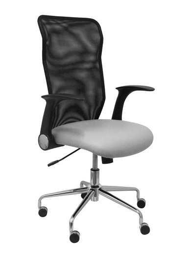 Modelo Minaya - Silla de oficina ergonómica con mecanismo basculante, brazos retráctiles y regulable en altura - Respaldo de malla transpirable y asiento tapizado en similpiel color gris claro.