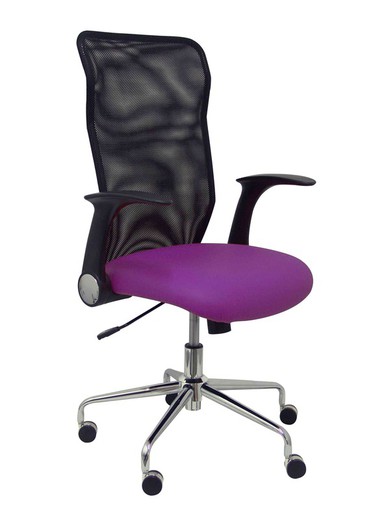 Modelo Minaya - Silla de oficina ergonómica con mecanismo basculante, brazos retráctiles y regulable en altura - Respaldo de malla transpirable y asiento tapizado en similpiel color morado.