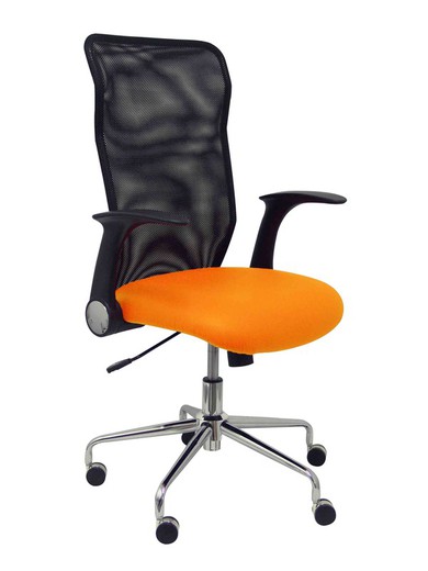 Modelo Minaya - Silla de oficina ergonómica con mecanismo basculante, brazos retráctiles y regulable en altura - Respaldo de malla transpirable y asiento tapizado en similpiel color naranja