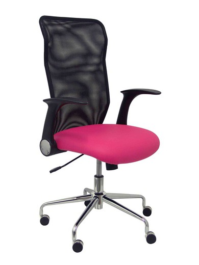 Modelo Minaya - Silla de oficina ergonómica con mecanismo basculante, brazos retráctiles y regulable en altura - Respaldo de malla transpirable y asiento tapizado en similpiel color rosa.