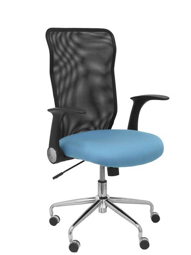 Modelo Minaya - Silla de oficina ergonómica con mecanismo basculante, brazos retráctiles y regulable en altura - Respaldo de malla transpirable y asiento tapizado en tejido BALI color azul cielo.