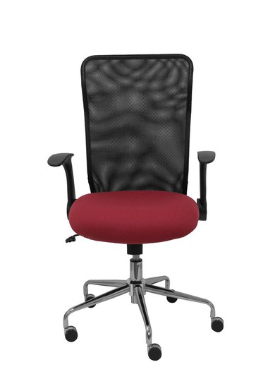 Modelo Minaya - Silla de oficina ergonómica con mecanismo basculante, brazos retráctiles y regulable en altura - Respaldo de malla transpirable y asiento tapizado en tejido BALI color granate