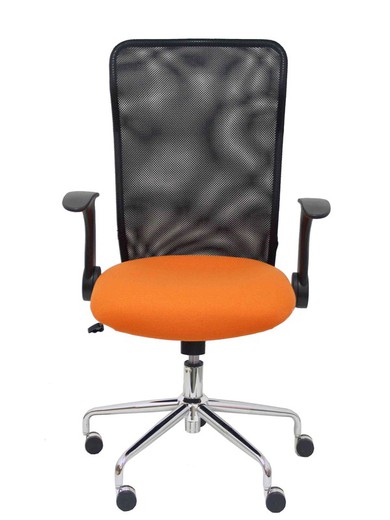 Modelo Minaya - Silla de oficina ergonómica con mecanismo basculante, brazos retráctiles y regulable en altura - Respaldo de malla transpirable y asiento tapizado en tejido BALI color naranja