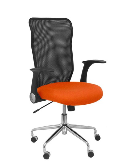 Modelo Minaya - Silla de oficina ergonómica con mecanismo basculante, brazos retráctiles y regulable en altura - Respaldo de malla transpirable y asiento tapizado en tejido BALI color naranja oscuro.