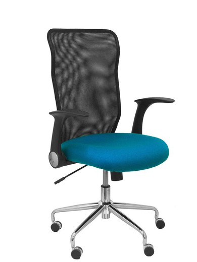 Modelo Minaya - Silla de oficina ergonómica con mecanismo basculante, brazos retráctiles y regulable en altura - Respaldo de malla transpirable y asiento tapizado en tejido BALI color verde petróleo.