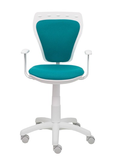 Modelo Ministyle - Silla juvenil ergonómica con mecanismo de contacto lama, regulable en altura y con brazos fijos color blanco - Asiento y respaldo tapizados en tejido bali color turquesa.