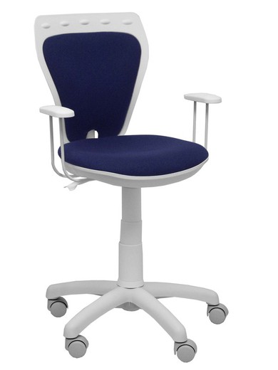 Modelo Minityle - Silla juvenil ergonómica con mecanismo de contacto lama, regulable en altura y con brazos fijos color blanco - Asiento y respaldo tapizados en tejido bali color azul marino.