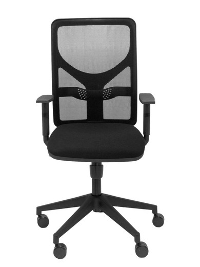 Modelo Motilla - Silla de oficina ergonómica con mecanismo sincro, brazos regulables y ajustable en altura - Respaldo de malla transpirable en color negro y asiento tapizados en tejido BALI color negro