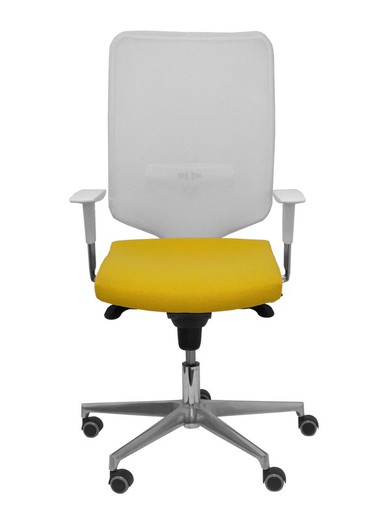 Modelo Ossa blanca - Silla de Oficina ergonómica con mecanismo sincro y regulable en altura - Respaldo de malla en color blanco y asiento tapizado en tejido BALI color amarillo