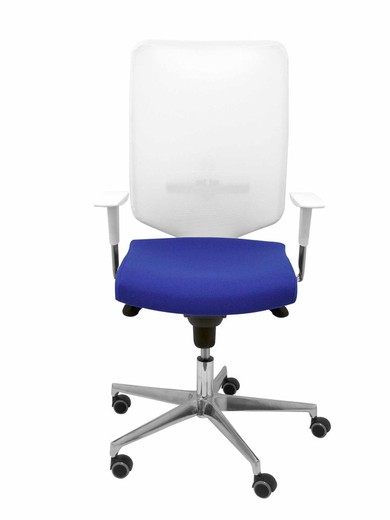 Modelo Ossa blanca - Silla de Oficina ergonómica con mecanismo sincro y regulable en altura - Respaldo de malla en color blanco y asiento tapizado en tejido BALI color azul