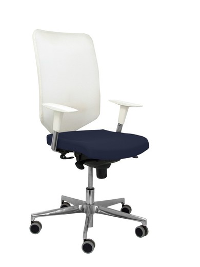 Modelo Ossa blanca - Silla de Oficina ergonómica con mecanismo sincro y regulable en altura - Respaldo de malla en color blanco y asiento tapizado en tejido BALI color azul marino