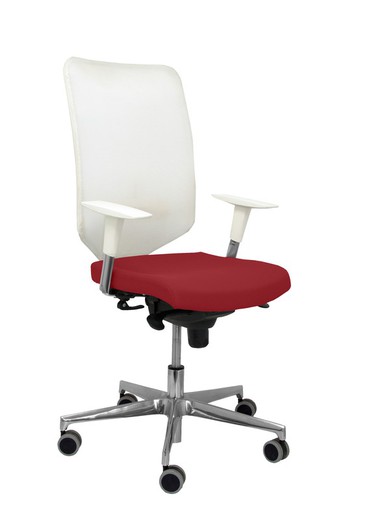 Modelo Ossa blanca - Silla de Oficina ergonómica con mecanismo sincro y regulable en altura - Respaldo de malla en color blanco y asiento tapizado en tejido BALI color granate