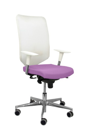 Modelo Ossa blanca - Silla de Oficina ergonómica con mecanismo sincro y regulable en altura - Respaldo de malla en color blanco y asiento tapizado en tejido BALI color lila