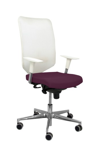 Modelo Ossa blanca - Silla de Oficina ergonómica con mecanismo sincro y regulable en altura - Respaldo de malla en color blanco y asiento tapizado en tejido BALI color morado