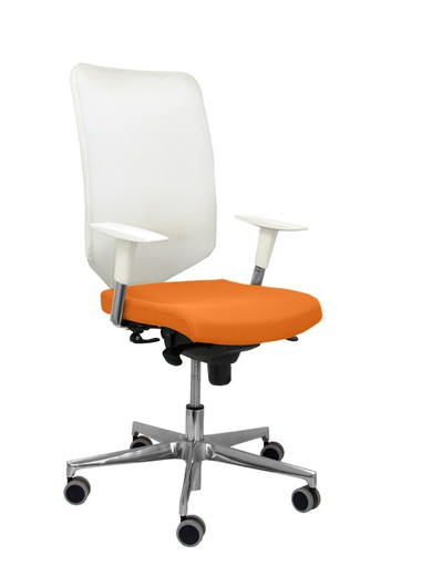 Modelo Ossa blanca - Silla de Oficina ergonómica con mecanismo sincro y regulable en altura - Respaldo de malla en color blanco y asiento tapizado en tejido BALI color naranja