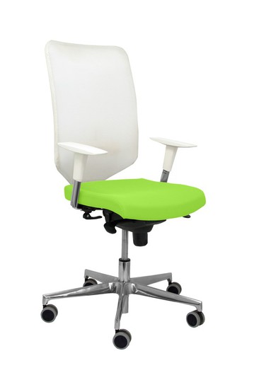 Modelo Ossa blanca - Silla de Oficina ergonómica con mecanismo sincro y regulable en altura - Respaldo de malla en color blanco y asiento tapizado en tejido BALI color pistacho