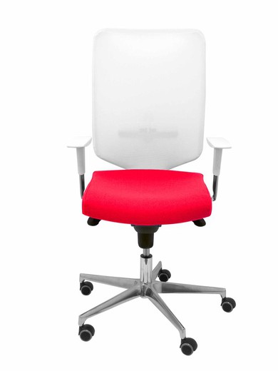 Modelo Ossa blanca - Silla de Oficina ergonómica con mecanismo sincro y regulable en altura - Respaldo de malla en color blanco y asiento tapizado en tejido BALI color rojo