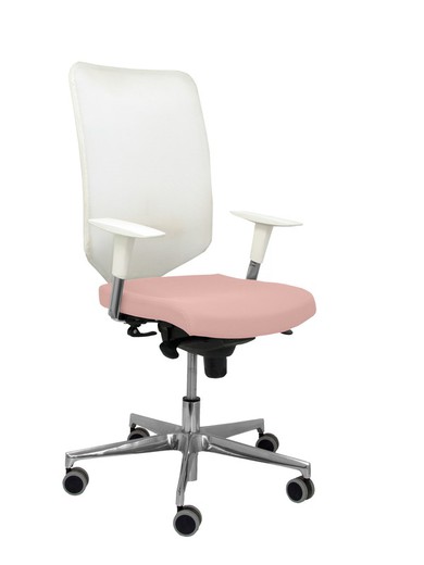 Modelo Ossa blanca - Silla de Oficina ergonómica con mecanismo sincro y regulable en altura - Respaldo de malla en color blanco y asiento tapizado en tejido BALI color rosa