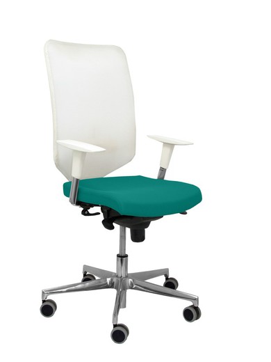 Modelo Ossa blanca - Silla de Oficina ergonómica con mecanismo sincro y regulable en altura - Respaldo de malla en color blanco y asiento tapizado en tejido BALI color turquesa