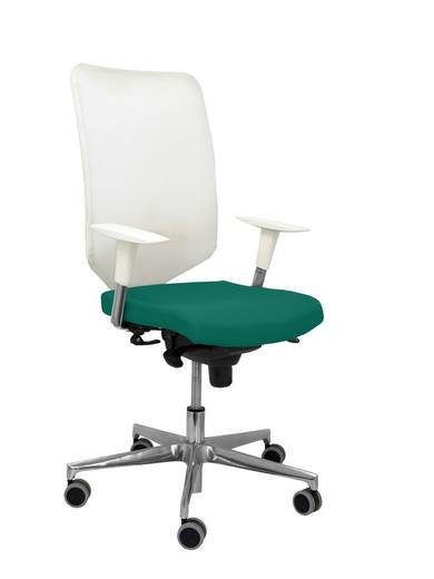 Modelo Ossa blanca - Silla de Oficina ergonómica con mecanismo sincro y regulable en altura - Respaldo de malla en color blanco y asiento tapizado en tejido BALI color verde esmeralda