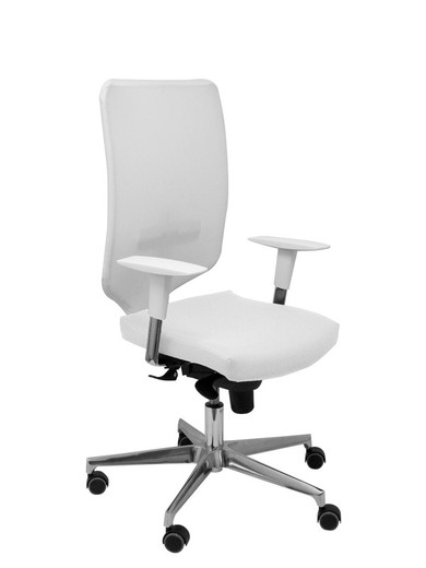 Modelo Ossa blanca - Silla de Oficina ergonómica con mecanismo sincro y regulable en altura - Respaldo de malla en color blanco y asiento tapizado en tejido SIMILPIEL color blanco