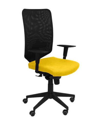 Modelo Ossa Negra - Silla de Oficina ergonómica con mecanismo sincro y regulable en altura - Respaldo de malla en color negro y asiento tapizado en tejido BALI color amarillo