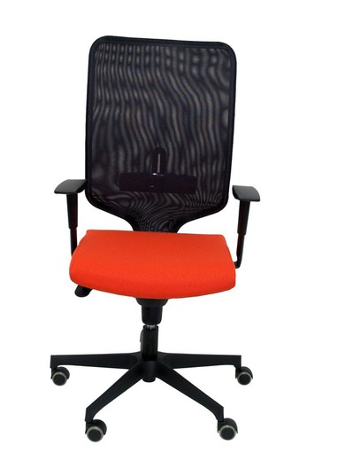 Modelo Ossa Negra - Silla de Oficina ergonómica con mecanismo sincro y regulable en altura - Respaldo de malla en color negro y asiento tapizado en tejido BALI color naranja oscuro