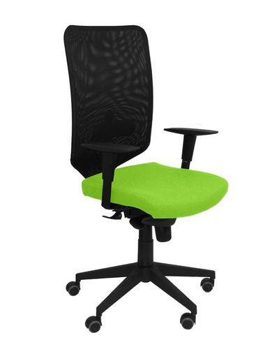 Modelo Ossa Negra - Silla de Oficina ergonómica con mecanismo sincro y regulable en altura - Respaldo de malla en color negro y asiento tapizado en tejido BALI color pistacho