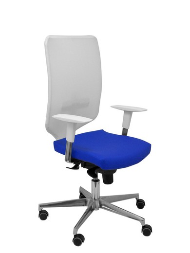 Modelo Ossa  Silla de Oficina ergonómica con mecanismo sincro y regulable en altura  Respaldo de malla en color blanco y asiento tapizado en similpiel color azul