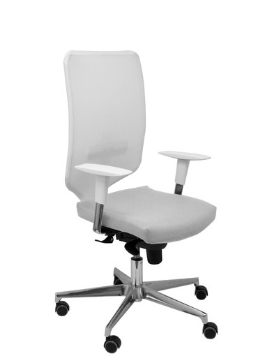 Modelo Ossa  Silla de Oficina ergonómica con mecanismo sincro y regulable en altura  Respaldo de malla en color blanco y asiento tapizado en similpiel color gris