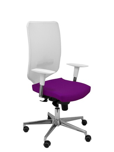 Modelo Ossa  Silla de Oficina ergonómica con mecanismo sincro y regulable en altura  Respaldo de malla en color blanco y asiento tapizado en similpiel color morado