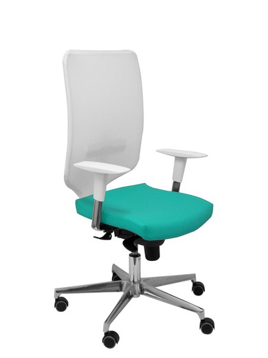 Modelo Ossa  Silla de Oficina ergonómica con mecanismo sincro y regulable en altura  Respaldo de malla en color blanco y asiento tapizado en similpiel color verde