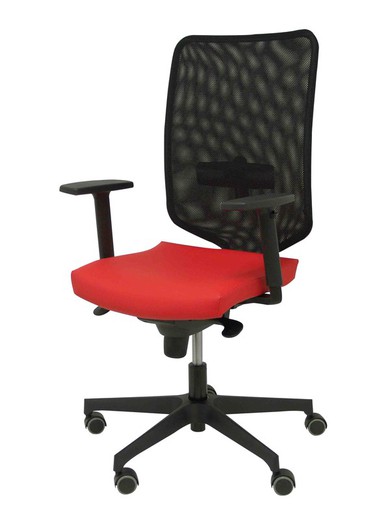 Modelo Ossa  Silla de Oficina ergonómica con mecanismo sincro y regulable en altura  Respaldo de malla en color negro y asiento tapizado en similpiel color rojo