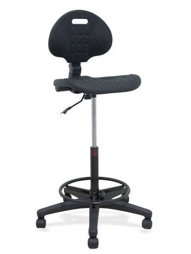 Modelo Paterna taburete  Taburete de trabajo ergonómico, giratorio y regulable en altura (aro reposapiés metálico negro)  Asiento y respaldo de poliuretano inyectado de alta resistencia  Color negro.  Ruedas sit and stop.