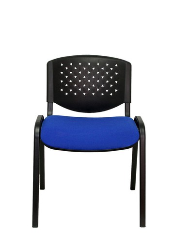 Modelo Pétrola  Pack 4 sillas confidente ergonómica, apilable, multiusos y estructura en color negro  Respaldo de PVC color negro y asiento tapizado en tejido ARAN color azul