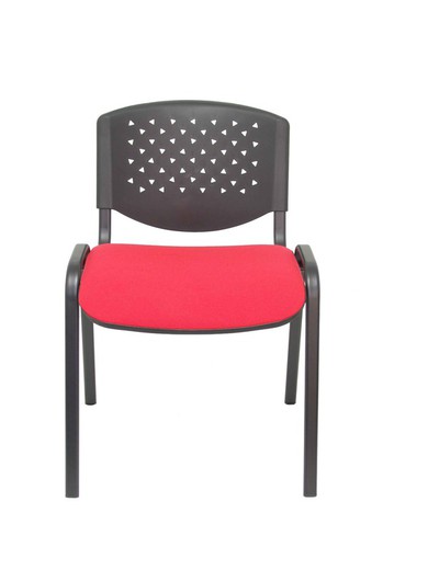 Modelo Pétrola  Pack 4 sillas confidente ergonómica, apilable, multiusos y estructura en color negro  Respaldo de PVC color negro y asiento tapizado en tejido ARAN color rojo