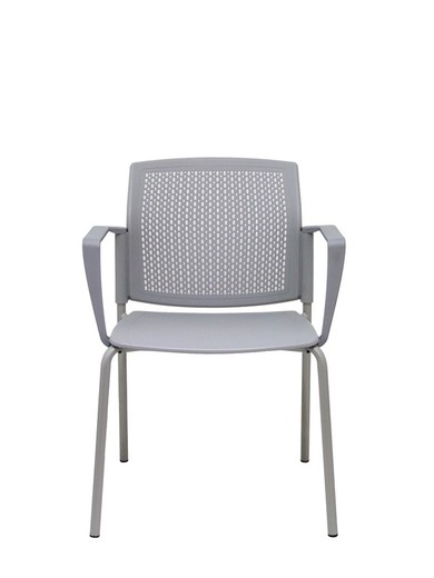 Modelo Sege  Pack de 4 sillas confidentes ergonómica, apilable, multiusos y estructura en color gris  Asiento y respaldo en PVC color gris con brazos.