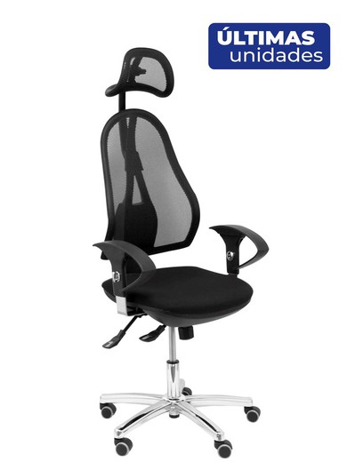 Modelo Socuéllamos sincro - Silla de oficina ergonómica con cabecero, mecanismo sincro, brazos regulables - Respaldo de malla transpirable en color negro con y asiento tapizados en tela color negro