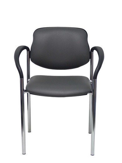 Modelo Styl - Silla confidente de 4 patas y estructrua cromada con brazos - Asiento y respaldo tapizados en tejido SIMILPIEL color gris oscuro.