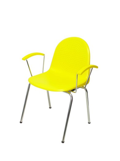 Modelo Ves - Pack 4 sillas confidentes ergonómicas con brazos fijos cromados y estructura cromada - Asiento y respaldo de plástico de color amarillo.