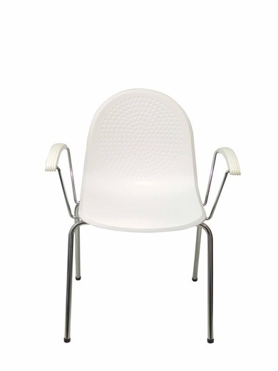 Modelo Ves - Pack 4 sillas confidentes ergonómicas con brazos fijos cromados y estructura cromada - Asiento y respaldo de plástico de color blanco.