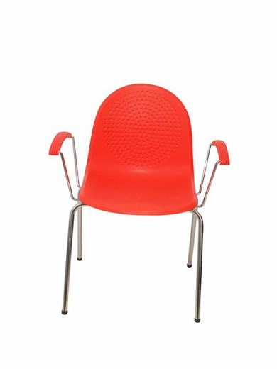 Modelo Ves - Pack 4 sillas confidentes ergonómicas con brazos fijos cromados y estructura cromada - Asiento y respaldo de plástico de color naranja.