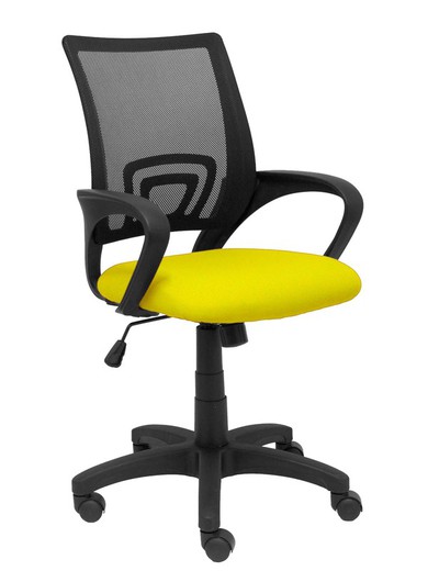 Modelo Vianos - Silla de oficina ergonómica con mecanismo basculante y regulable en altura - Respaldo de malla en color negro y asiento tapizado en tejido bali color amarillo.