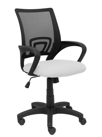 Modelo Vianos - Silla de oficina ergonómica con mecanismo basculante y regulable en altura - Respaldo de malla en color negro y asiento tapizado en tejido bali color blanco.